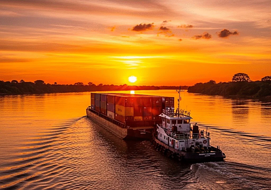Remolcador empujando un convoy de barcazas al atardecer